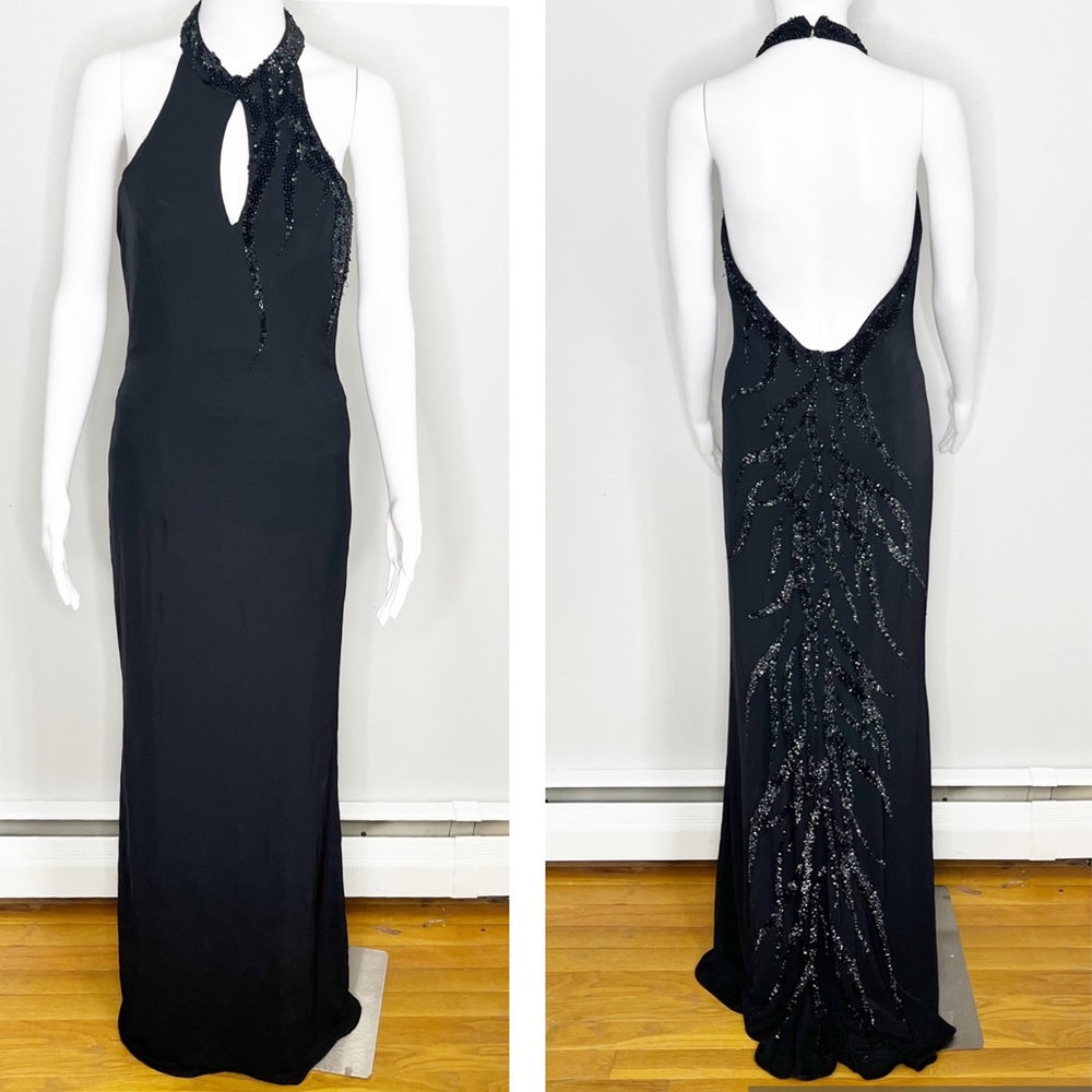 Jovani Black Beaded Open Back High Neck Evening Gown Black Tie Dress Prom Dress
